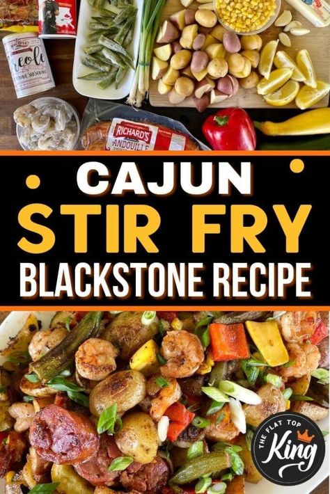 Cajun Griddle Recipes, Stir Fry Blackstone Grill, Blackstone Shrimp Stir Fry, Cajun Stir Fry Recipes, Blackstone Griddle Shrimp Recipes, Shrimp Stir Fry On Blackstone Griddle, Cajun Blackstone Recipes, Cajun Stir Fry, Blackstone Cowboy Stir Fry