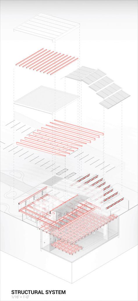 Architectural structure shown in exploded isometric drawing created in Revit. Visit website to see more detailed drawings... Structural Frame Architecture, Structure Diagram Architecture, Architecture Structure Diagram, Exploded Isometric Architecture, Structure Axonometric, Revit Axonometric, Isometric Drawing Architecture, Exploded Axonometric Architecture, Revit Drawings