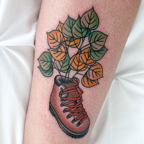 #hikingboottattoo #tattoo #aspentattoo #hikingtattoo #hikingboot Boots Tattoo, Boot Tattoo, Hiking Tattoo, Tattoo Leg, Hiking Boot, Leg Tattoos, Hiking Boots, Tatting, Hiking