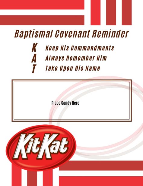 The cutest and most simple talk for a baptism. Free printable on blog at freeverce.com. Kit Kat Baptism Printable, Lds Baptism Talks On Baptism, Lds Baptism Talk, Baptism Treats, Holy Ghost Talk, Lds Object Lessons, Baptism Talk, Baptismal Covenants, Lds Talks