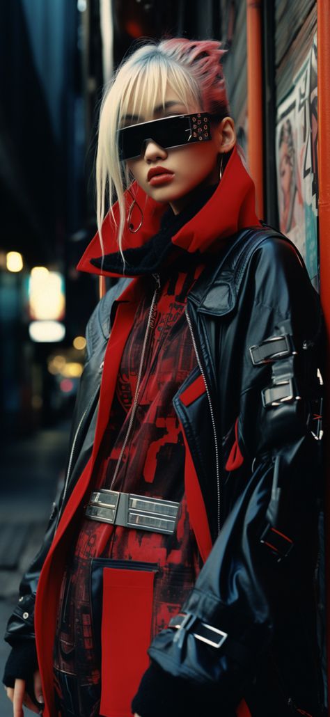 Electropunk Fashion, Cyberpunk Chinese Style, Dark Cyberpunk Aesthetic Fashion, Neo Tokyo Aesthetic Clothes, Atompunk Aesthetic Outfit, 80s Cyberpunk Fashion, Cyberpunk Aesthetic Clothes, Cyberpunk Streetwear Women, Red Cyberpunk Outfit