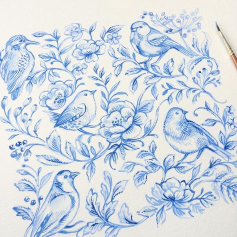 Clare Therese, White Crockery, Blue Drawings, Blue Painting, Delft, Bird Art, Watercolor Illustration, Friday Night, Painting Inspiration