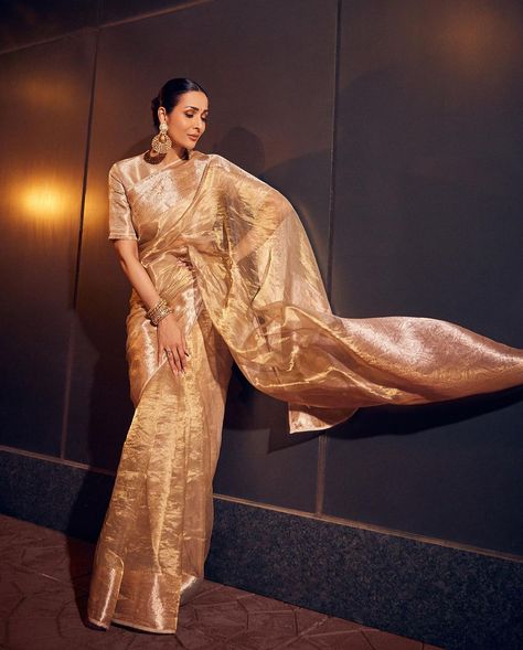 Tissue sari trend is in full swing, and Malaika Arora proves it with a golden glow Tissue Saree Look, Golden Tissue Saree, Golden Sari, Sari Design, Malaika Arora, Tissue Saree, Celebrity Culture, Manish Malhotra, Saree Trends