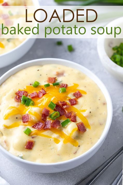 This Loaded Baked Potato Soup is an easy, creamy and hearty soup. Loaded with sharp cheddar cheese, bacon and green onions, it’s the ultimate comfort food soup for baked potato lovers! #potatosoup Super Cheesy And Chunky Potato Soup, Copycat Newks Loaded Potato Soup, Loaded Baked Potato Soup Dutch Oven, Loaded Potato Soup Stove Top, Small Batch Potato Soup, Loaded Baked Potato Soup Stove Top, Potato Soup With Red Potatoes, Baked Potato Soup Stovetop, Ocharleys Loaded Potato Soup