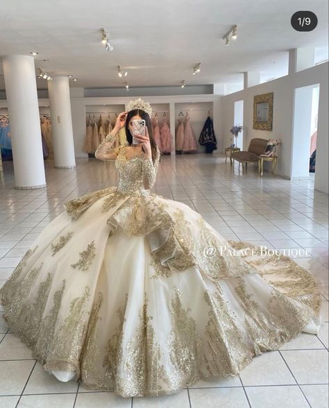 Beige Debut Gown, Champaign Quince Dress, Aesthetic Quinceanera Dresses, Champagne Quince Dress, Champagne Quince Dresses, Champagne Quinceanera Dresses, Xv Ideas, Vestido Charro, Debut Gowns