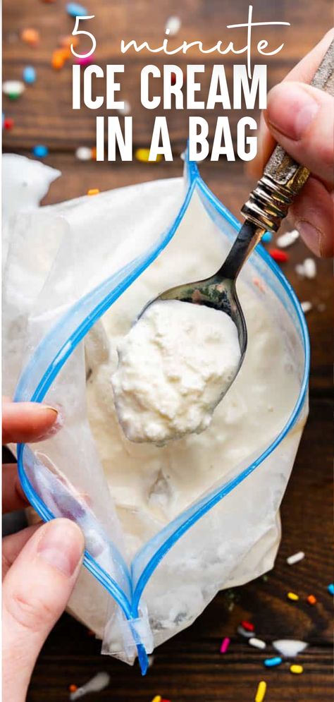 An overhead view of a ziploc bag full of homemade vanilla ice cream. 5 Minute Ice Cream In A Bag, Easy Ice Cream In A Bag, How To Make Homemade Ice Cream Easy, Homemade Ice Cream In A Baggie, Homemade Ice Cream In A Bag, Ice Cream Without Ice Cream Maker, Homemade Ice Cream No Churn, How To Make Homemade Ice Cream, Homemade Ice Cream Without Machine