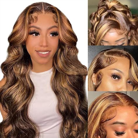 PRICES MAY VARY. 💖Stunning Honey Blonde Highlight Wig: This gorgeous honey blonde high-definition lace front wig is made from 100% unprocessed Brazilian virgin hair, ensuring a healthy and vibrant natural wavy style. The 180% density provides a full, thick look, while the soft, stretchy texture exudes a natural, healthy look. This versatile wig can be dyed, straightened, bleached and restyled to your personal preference, making it the perfect choice for those looking for a statement wig with a Wig Highlights, 27 Honey Blonde, Blonde High, Highlight Wig, Hair Glue, Blonde Highlight, Ombre Lace Front, Honey Blonde Highlights, Ombre Lace