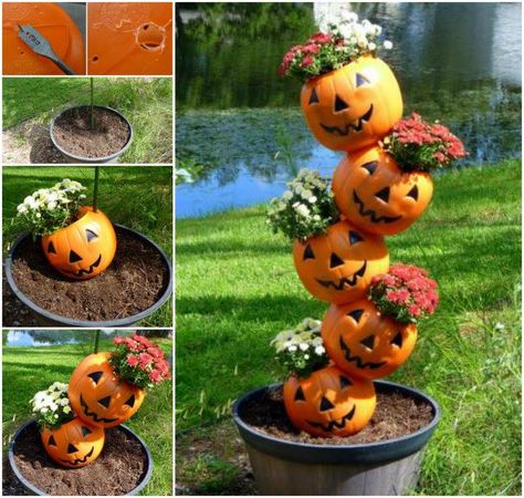 Take your tipsy pot garden to a new level with this cute halloween tipsy pot idea, instead of using clay pots, drill holes in plastic pumpkins and fill them with fall mums. Labu Halloween, Pot Gardening, Pumpkin Planter, Fall Mums, Halloween Decor Diy, Image Halloween, Plastic Pumpkins, Diy Halloween Decor, Adornos Halloween