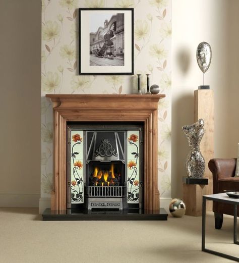 Create a mesmerising ambience in your home with the exquisite Toulouse Art Nouveau Style Tiled Insert. This captivating piece boasts a timeless tulip design that adds a touch of elegance to any space. With its intricate detailing, this fireplace insert is a true work of art.Designed for versatility, the Toulouse Art Nouveau Style Tiled Insert offers a range of fire options to suit your preference. Whether you prefer the crackling sound of solid fuel, the convenience of gas, or the modern appeal of an electric fire, this insert has got you covered. Create a cosy and inviting atmosphere in your living room or bedroom, making it the perfect spot to unwind after a long day.Included with this remarkable piece is a dedicated cast iron back, ensuring durability and longevity. The Toulouse Art Nou Wooden Fire Surrounds, Wooden Fireplace Surround, Limestone Mantel, Granite Hearth, Wooden Fireplace, Victorian Fireplace, Cast Iron Fireplace, Fire Surround, Wood Mantels