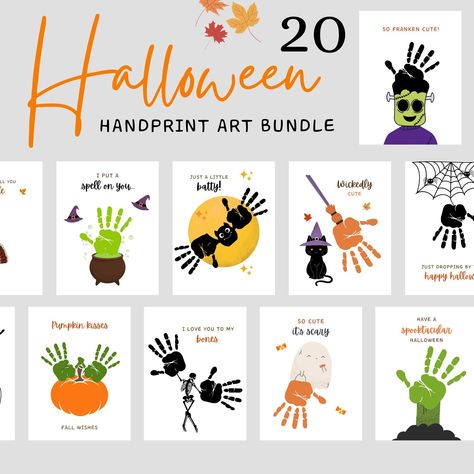 "Halloween Handprint Crafts - 20 designs included! This halloween bundle is perfect for the spooky season! They are going to make the most of halloween and create beautiful memories for years to come! This is perfect for home crafts, school, halloween parties, and more!  **This listing is an instant digital download, no physical product will be shipped** Just order and within a few seconds, you will receive a link to download your template.   🎃 You will receive 🎃   1. 1 High quality PDF File Size (8.5\" x 11\") with 20 designs 2. 1 PDF \"Cheat Sheet\" showing the finished prints so you can see where to put the handprints/footprints! 2. Instant Download - Download, Print, Enjoy!    *PRINTING: For best results,  - Use medium to heavy white cardstock - Colors may vary once printed due to mo Handprint Art Halloween, Halloween Footprint Art, Halloween Handprint Art, Halloween Handprint Crafts, Halloween Handprint, Art For Halloween, Halloween Infantil, Craft Halloween, Baby Art Projects