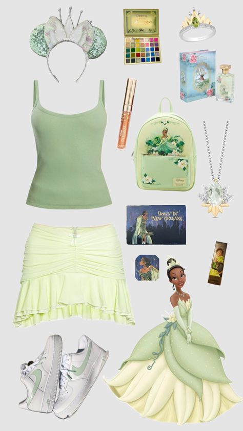 Tiana Disneybounding #disney #tiana #disneybound #tianadisneybounding #outfitinspo Tiana Disneybound, Modern Disney Outfits, Disney Vacation Outfits, Disney Tiana, Disney Park Outfit, Disney Character Outfits, Disney Bound Outfits Casual, Disney Trip Outfits, Tiana Disney