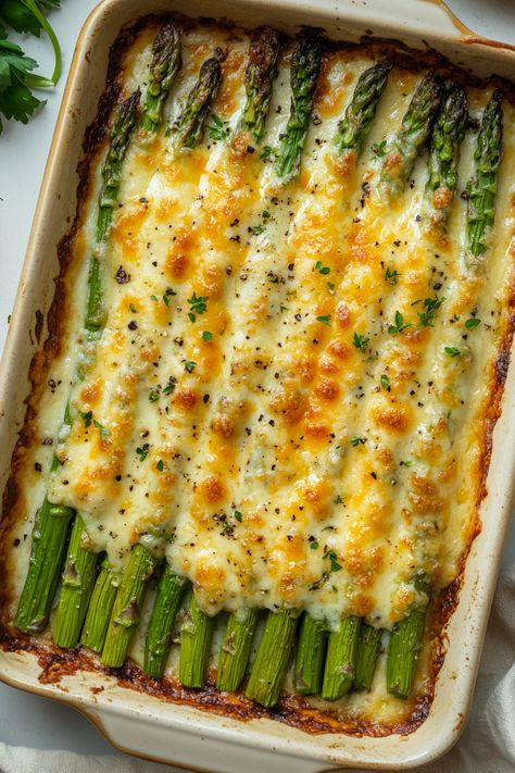 Cheesy Baked Asparagus Creamy Asparagus Recipes, Cheese Asparagus Recipes, Cheesy Garlic Roasted Asparagus, Recipes Using Frozen Asparagus, Holiday Asparagus Recipes, Pea And Asparagus Casserole, Christmas Asparagus Side, Yummy Asparagus Recipes, Asperigus In Oven