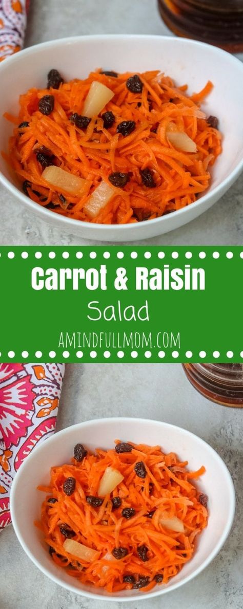 Carrot and Raisin Salad with Pineapple and NO MAYO: Shredded carrots, raisins and pineapple are tossed together with a sweet and tangy dressing to make an easy carrot salad. Vegan option. Gluten-Free. #saladrecipe #glutenfreerecipe #vegansalad #vegetarian Carrot Pineapple Salad, Easy Carrot Salad, Carrot And Raisin Salad, Salad With Pineapple, Raisin Salad, Carrot Raisin Salad, Vegetable Side Dishes Healthy, Carrot Salad Recipes, Pineapple Salad