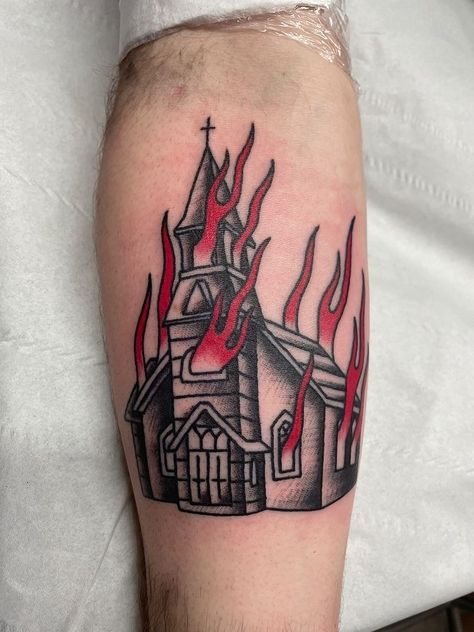 American Traditional House Tattoo, Burning Cathedral Tattoo, Burning Church Traditional Tattoo, Gothic American Traditional, Traditional Tombstone Tattoo, Burning Church Tattoo Design, American Traditional Bat Tattoo, Brick Tattoo, Gothic Traditional Tattoo