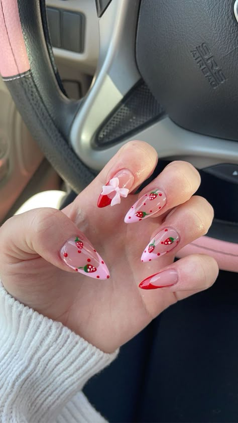 nail art, nail design, nail inspiration, nail ideas, nail trends, nail art designs, nail polish, nail polish colors, nail art tutorial, nail art inspiration, strawberry nail art, cute nail art, girly nail art, beauty, fashion, nails, beauty tips, beauty trends, beauty inspiration, nail care, nail health, nail beauty, nail art, cute, adorable, girly, playful, fun, colorful, creative, unique, trendy, stylish, #nailart, #naildesign, #nailinspiration, #nailideas, #nailtrends, #nailartdesigns Nails With A Bow, End Of Summer Nails, Bow Nail Designs, Strawberry Nails, Nail Design Glitter, Summer Nails 2024, Grunge Nails, Work Nails, Soft Nails