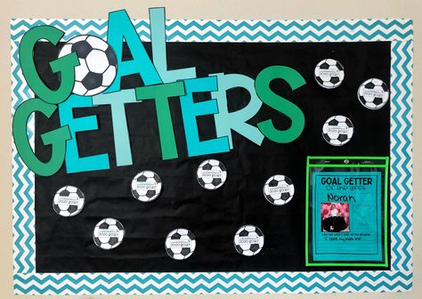 Goal Setting Bulletin Board Elementary, Testing Bulletin Board Ideas, Soccer Bulletin Board, Data Bulletin Boards, Team Bulletin Board, Honesty Lesson, Goal Setting Bulletin Board, Football Bulletin Boards, Student Goals Bulletin Board