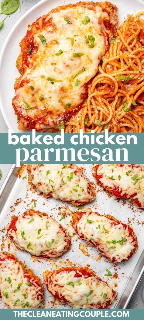 This Baked Chicken Parmesan recipe is so easy to make! Perfectly crispy, coated with a delicious sauce and cheese for a healthy dinner! Serve with pasta or a salad for a healthy dinner. You can make it with chicken breasts or tenders! Baked Chicken Parmesan Recipe, Chicken Parmesan Recipe Baked, Resep Pasta, Chicken Parmesan Recipe, Parmesan Recipe, Fast Dinner Recipes, Baked Chicken Parmesan, Salad Pasta, Fast Dinners