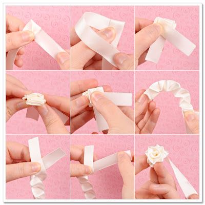 Ribbon Flowers Tutorial (Make flowers)  Fold both ends of the ribbon and pull the longer end. Sulaman Pita, Pola Macrame, Ribbon Flower Tutorial, Diy Flores, Ribbon Rosettes, Fleurs Diy, Rose Tutorial, Rose Headband, Seni Origami