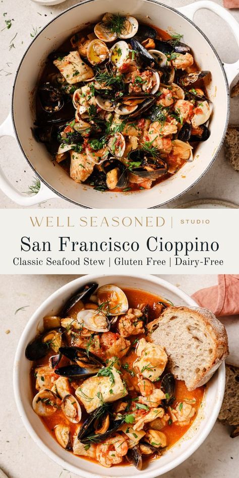 Classic San Francisco Cioppino Recipe San Francisco Cioppino Recipe, Cioppino Recipe Italian, Ciapinno Recipe, Cioppino Recipe Best, Chiopino Recipe, Chopino Recipe, Christmas Fish Recipes, Cioppino Recipe San Francisco, Authentic Cioppino Recipe