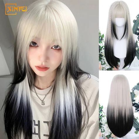 Just found this amazing item on AliExpress. Check it out! $15.17  40％ Off | Cosplay Synthetic Wig Women's Lolita Black And White Gradient Long Straight Hair Fluffy Natural Hair Extension Full Top Wig Black White Ombre Hair, White Hair With Black Ends, White Hair Black Tips, Long Black And White Hair, White Hair With Black Tips, White To Black Hair, Fluffy Natural Hair, White And Black Hair, Black And White Gradient