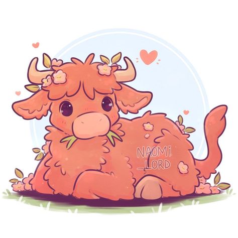 Kawaii Cows, Naomi Lord Art, Naomi Lord, Highland Cow Art, Cow Illustration, Cow Drawing, Fluffy Cows, Cartoon Cow, Art Kawaii