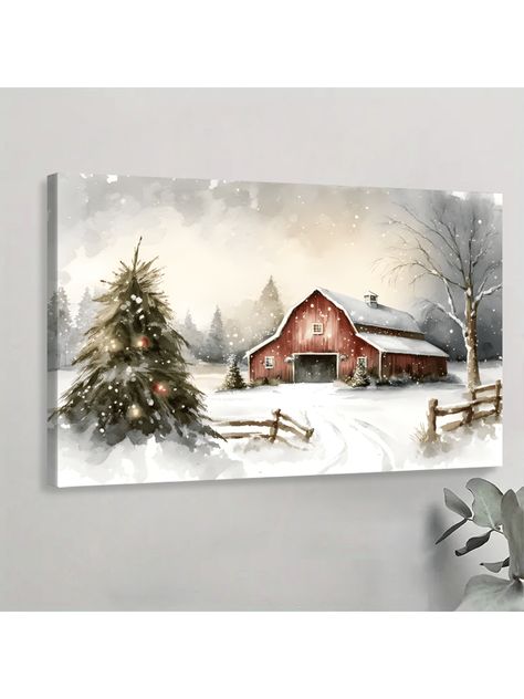 1 Pc Canvas Framed Wall Art Festive Christmas Barn Art, Winter, Rustic Print, Red Barn, Country Landscape, Watercolor, Holiday Art, Museum Quality Canvas For Bedroom Living Room Black Modern,Simple   Canvas Christmas Hanging Painting,Framed Picture,Fabric painting   Home Decor, size features are:Bust: ,Length: ,Sleeve Length: Arte Art Deco, Watercolor Barns, Christmas Barn, Watercolor Holiday, Winter Artwork, Christmas Paintings On Canvas, Barn Painting, Big Wall Art, Barn Art