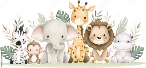 Download Watercolor Illustration Safari Animals and Tropical Leaves Stock Vector and explore similar vectors at Adobe Stock. Cute Jungle Animal Drawings, Safari Baby Png, Watercolor Jungle Animals, Animal Clipart Free, Safari Clipart, Safari Birthday Party Decorations, Baby Safari Animals, Baby Animal Nursery Art, Safari Animals Birthday