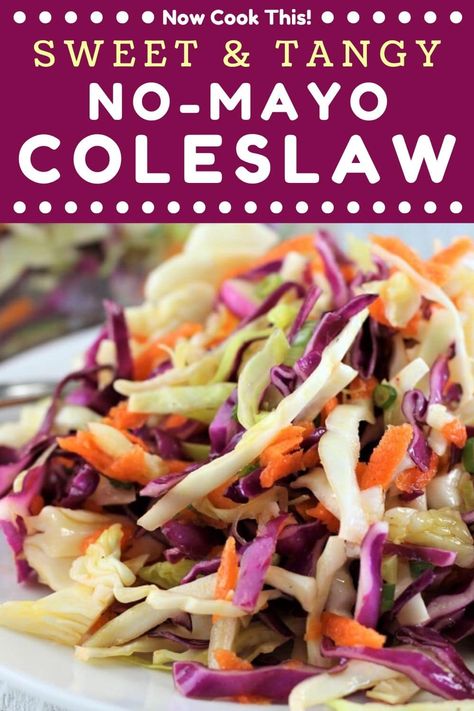 This easy homemade Sweet and Tangy No-Mayo Coleslaw is made with a vinegar-based dressing and is a super delicious change-up to traditional coleslaw. It's great as a side dish or piled on pulled pork sandwiches or tacos. Get the recipe and give it a try! #nomayocoleslaw #vinegarslaw #coleslaw #slaw Pulled Pork Coleslaw Recipe, Slaw For Pulled Pork, Tangy Coleslaw Recipe, Pulled Pork Slaw, Slaw For Tacos, Coleslaw For Pulled Pork, No Mayo Coleslaw, Coleslaw Recipe Easy, Pulled Pork Sandwiches