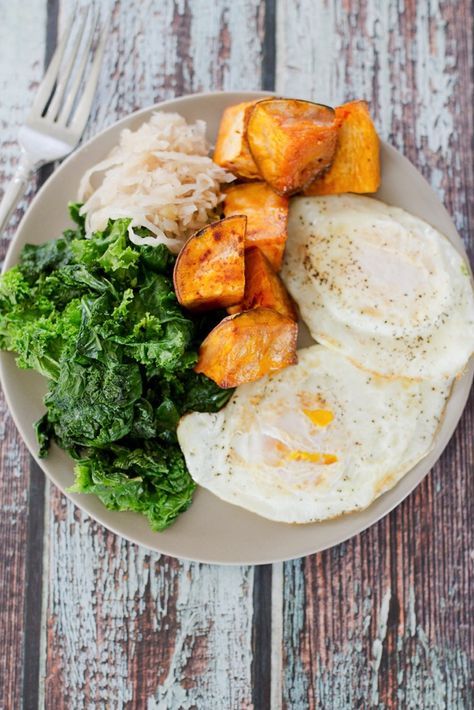 Hormone-balancing PALEO POWER BREAKFAST — it��’s loaded with green veggies, protein, healthy fats, wholesome carbs and has a fermented component. It’s one of the healthiest breakfasts around! Breakfast Greens, Healthy Breakfast Menu, Sautéed Kale, Power Breakfast, Healthy Hormones, Balanced Breakfast, Green Veggies, Breakfast Plate, 3 Eggs