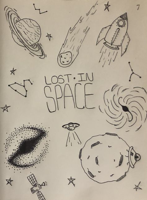 Space Theme Drawing, Space Doodles Aesthetic, Space Aesthetic Drawing, Drawing Without Color, Astronomy Drawing, Space Sketches, Drawing Themes, Space Doodles, Planet Drawing