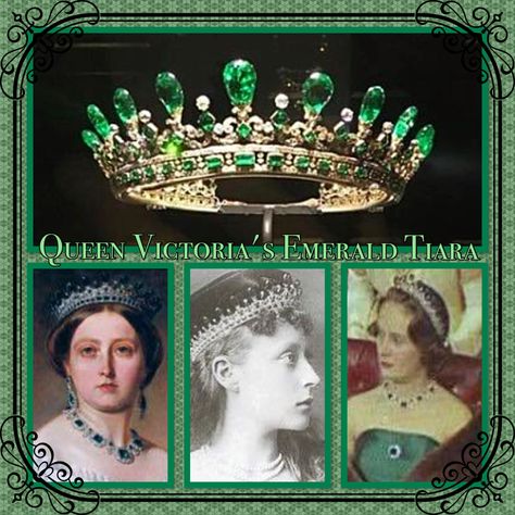 1st May and today's tiara is Queen Victoria's Emerald tiara which was designed for her by Prince Albert. The beautiful piece has only been photographed or painted a handful of times. Today it belongs to the Duke of Fife, and was last worn by his mother at the State Opening of Parliament in the early 1960s. Prince Phillip's grandmother, Princess Victoria of Hesse was also photographed wearing it. It has some beautiful accompanying jewels. Queen Victoria Emerald Tiara, Victoria Of Hesse, Emerald Tiara, Royal Family Jewels, King And Queen Crowns, British Crown Jewels, Queen Victoria Prince Albert, Royal Crown Jewels, Victorian Accessories