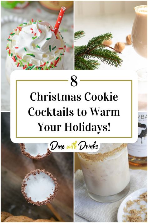 Collage of 4 christmas cookie cocktails. Cocktails And Cookies Party, Christmas Cookie Cocktail, Cookie Cocktails, Cocktails Party, Christmas Cocktail, Best Christmas Cookies, Cookie Party, Christmas Cocktails, Cookie Exchange