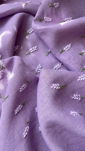 Embroidery Design For Dress, Home Made Dress Design, Embroidered Lavender Flowers, Hand Embroidery On Dupatta, Embroidery White Dress, One Colour Embroidery, Embroidery On Dress Ideas, Embroidery Purple Flowers, Purple Embroidery Design