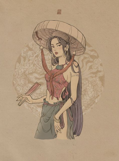 Vietnam Art Design, Vintage Myanmar, Ancient Vietnam, Vietnamese Girl, Vietnam Art, Vietnamese Traditional Dress, Asian Tattoos, Beautiful Posters, Traditional Dress