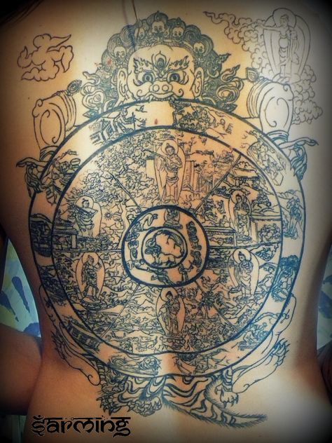 Bhavacakra with cloud Swástika Wheel Of Samsara Tattoo, Samsara Tattoo, Men's Tattoos, Wheel Tattoo, Buddhist Art, Compass Tattoo, Polynesian Tattoo, Tattoos For Guys, Tatting