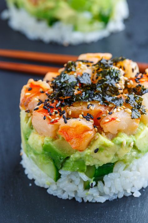 Recipes Using Furikake, Diy Shrimp Sushi Rolls, Shrimp Stacks Avocado, Imation Crab Sushi Bowl, Crab Sushi Cups, Sushi In A Cup, Rice Mold Ideas, Sushi Mold Recipe, Easy Brakefast Recipes