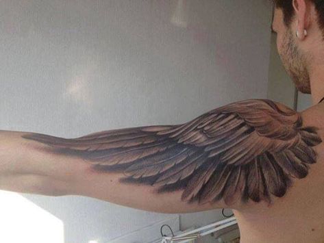 Wing tattoo on shoulder Wing Tattoo On Shoulder, Wing Tattoo Arm, Angel Wing Tattoo, Alas Tattoo, Wing Tattoo Men, Bauch Tattoos, Wing Tattoo Designs, Feather Tattoo Design, Angel Wings Tattoo