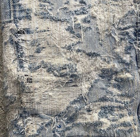 Distressed Denim Techniques, Denim Experimentation, Fabric Manupilation Ideas, Clothing Texture, Ripped Fabric, Denim Aesthetic, Distress Denim, Distressed Fashion, Distressed Fabric