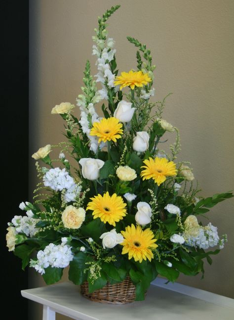 Blue, Yellow And White Large Alter Arrangement Of Yellow Flower Arrangements, Easter Flower Arrangements, Altar Flowers, Large Flower Arrangements, Flower Arrangement Designs, Gladioli, Church Flower Arrangements, Creative Flower Arrangements, Flower Arrangements Simple