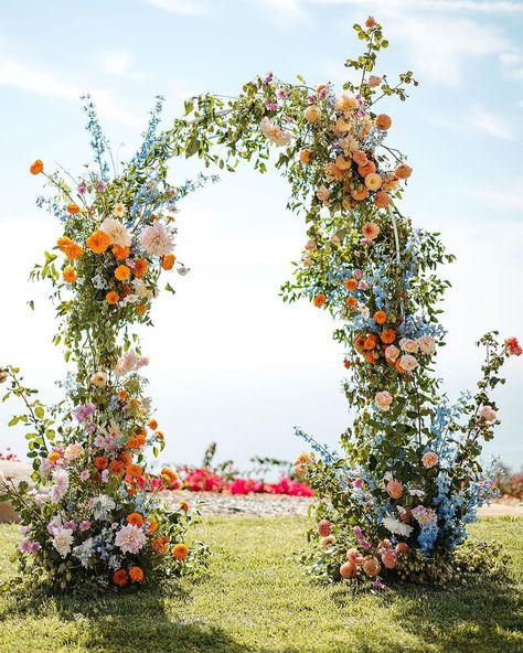 Wild Flower Reception, Wildflower Trellis Wedding, Wedding Arch Flowers Wildflowers, Outdoor April Wedding, Wood Arch With Flowers, Floral Half Arch Wedding, Colorful Wedding Altar, Beach Floral Wedding, Fall Tuscan Wedding