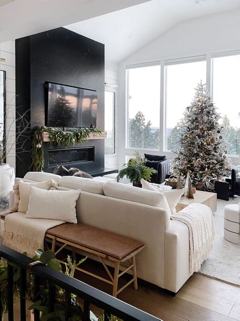 Beau Bench curated on LTK Pottery Barn Family Room, Modern Fireplace Living Room, Modern Living Room Christmas, Living Room With Black Accents, Organic Living Room Decor, Pottery Barn Living Room Ideas, Twig Garland, Holiday Living Room, Living Room Christmas