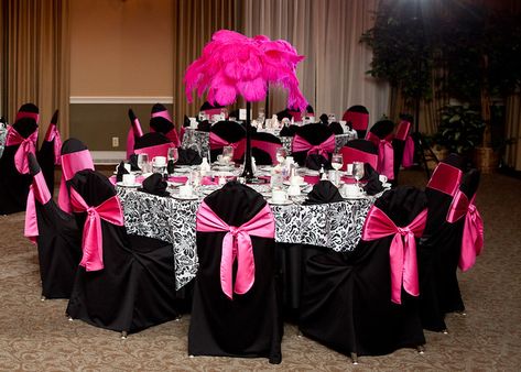 65th Birthday Party Ideas, Pink Table Decorations, Pink Black Weddings, Affordable Bridal Dresses, Sweet Sixteen Birthday Party Ideas, Pink Glamour, Pink Wedding Decorations, Paris Theme Party, Sweet 16 Decorations