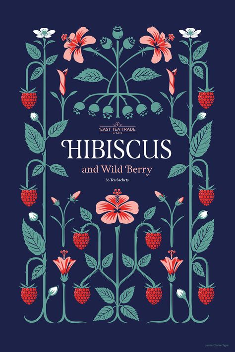 Hibiscus and Wild Berry Tea. I managed to work in four stages of hibiscus flower development into the design, from bud to fully open flower. Illustrative Branding, Ux Illustration, Typographie Logo, Typography Designs, Art Jokes, 카드 디자인, Tea Packaging, Intelligent Design, Tea Box