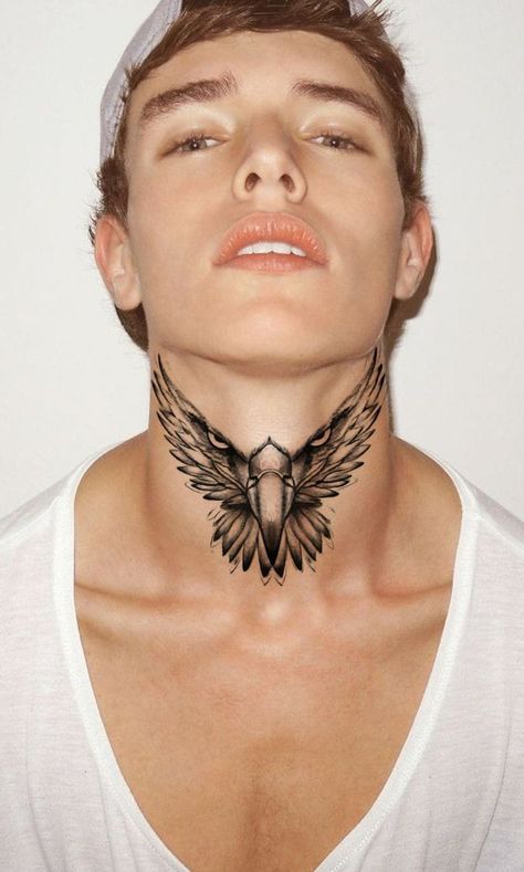 Eagle Throat Tattoo Men, Neck Tattoos For Men Throat, Tattoo Throat Men, Neck Front Tattoo, Eagle Tattoo On Neck, Eagle Tattoo Neck, Small Throat Tattoo, Men's Side Neck Tattoos, Throat Tattoos For Men