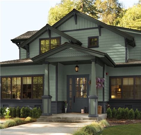 Look at the paint color combination I created with Benjamin Moore. Via @benjamin_moore. Main Siding: Lush AF-475; Trim: Waller Green CW-510; Accent: Mopboard Black CW-680; Door: Black Satin 2131-10. Sage Green House, Benjamin Moore Exterior Paint, Green Exterior House Colors, Green House Exterior, Green Siding, Benjamin Moore Exterior, Color Combinations Paint, Exterior House Paint Color Combinations, Best White Paint