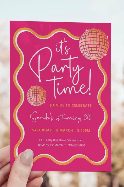 Our pink wavy invitation is perfect for all ages, bringing the dance-floor magic to your celebration. #hotpinkinvitation #wavyborder #waveinvitation #pinkinvitation Pink Disco Party Invitation, Wavy Invitation, Festa Pink Party, Pink Party Invitations, 16 Birthday Party Invitations, Disco Ball Invitation, 21st Birthday Themes, Ball Invitation, Pink Disco Ball