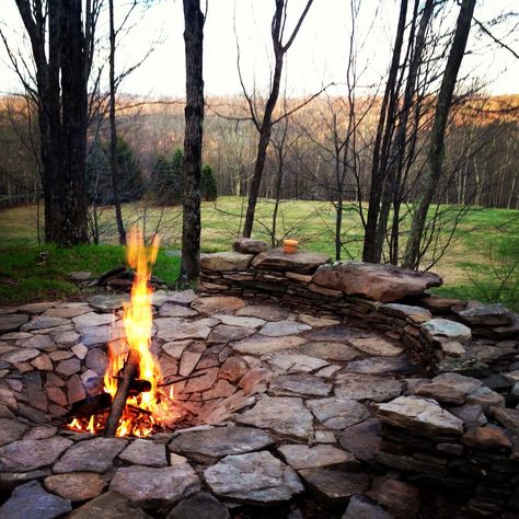 Catskills custom stonework sunken firepit glamping Swiss hill jeffersonville ny callicoon center ny Firepit, A Fire, Glamping, In The Middle, Fire Pit, The Middle, Trees