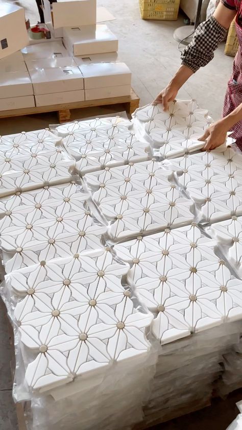 The new design of the marble mosaic tile white marble with golden metals marble mosaic tiles… | Instagram Tiles Art, Flooring Designs, Cornice Design, Marble Mosaic Tiles, Kitchen Design Plans, Contemporary Modern Furniture, Marble Inlay, Tile Inspiration, The Marble