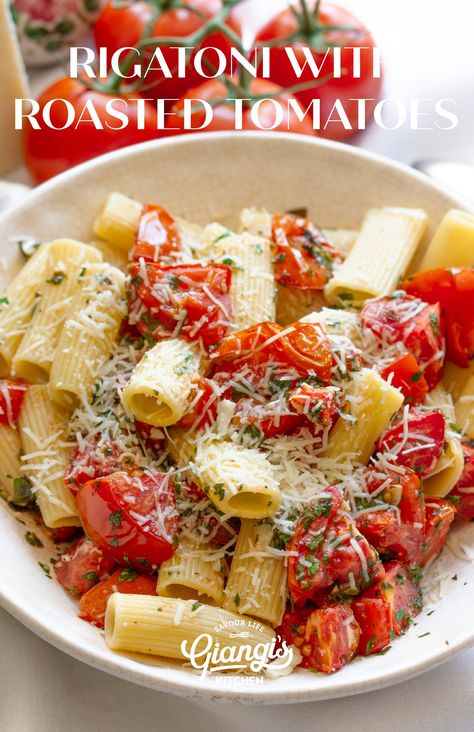 Rigatoni with Roasted Tomatoes Roasted Tomatoes Recipe, Roasted Tomato Pasta, Rigatoni Recipes, Oven Roasted Tomatoes, Slow Roasted Tomatoes, Pasta Meals, Tomatoes Recipe, Pasta Dinner Recipes, Tasty Pasta