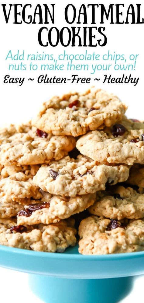 This is the best vegan oatmeal cookie recipe ever!  Perfectly soft and chewy with the classic taste of oatmeal and brown sugar.  You can add raisins, chocolate chips, craisins, or nuts to make any type of oatmeal cookies you want.  This also makes the most delicious cookie dough ever and since there are no eggs, feel free to eat it up! #vegan #gluten-free #thehiddenveggies Gluten Free Dairy Free Oatmeal Raisin Cookies, Vegan Oatmeal Coconut Cookies, Egg Free Oatmeal Raisin Cookies, Oatmeal Cookie Vegan, Best Vegan Cookies Ever, Vegan Oatmeal Raisin Cookies Chewy, Vegan Oatmeal Cookies Recipes, Chewy Vegan Oatmeal Cookies, Wfpb Oatmeal Cookies